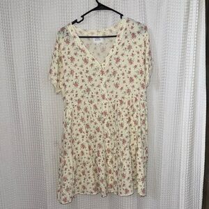 DAHL Floral Button-Front V-Neck Babydoll Dress - Cream with Pink Roses